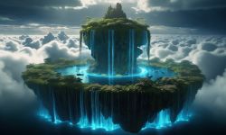 Floating Island with Waterfalls Floating island with waterfalls and bioluminescent plants.
