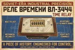 Retro-style advertisement of VL-3444 time relay with technical layout and features