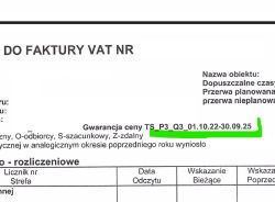Fragment faktury VAT z podkreśleniem tekstu „Gwarancja ceny TS_P3_Q3_01.10.22-30.09.25” na białym tle.