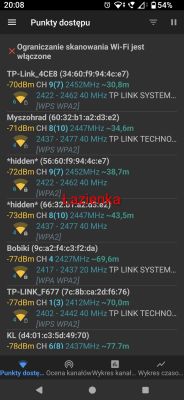 Lista sieci Wi-Fi z aplikacji do analizy sygnału, z zaznaczoną nazwą „Łazienka”