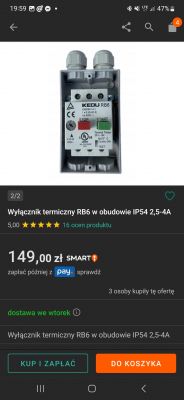 Wyłącznik termiczny KEDU RB6 w obudowie IP54 z zakresu prądu 2,5-4A, widoczny na ekranie aplikacji zakupowej.