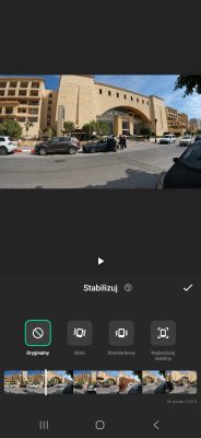 Phone screenshot of video editor showing a street scene and “Stabilize” tool with stabilization level options