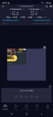 Zrzut ekranu testu prędkości sieci Play na telefonie.