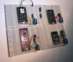 Four prototype boards with various modules and sensors, including DS18B20, DHT11, BMP280, and AHT20.