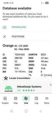 Ekran aplikacji pokazujący szczegóły połączenia 4G i 5G sieci Orange