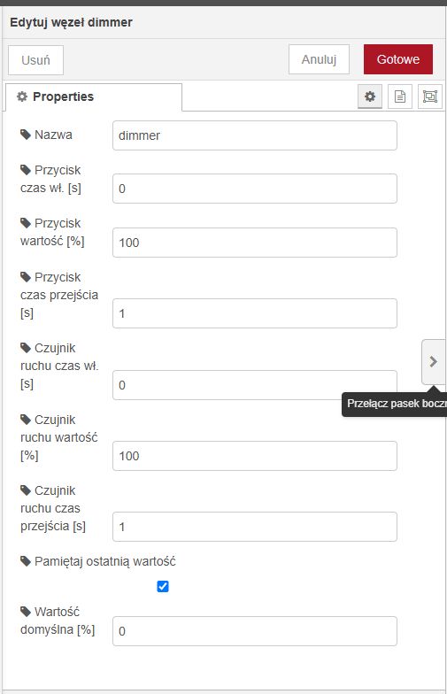 Editing dimmer node settings Form for editing dimmer node settings with various text fields and an option to remember the last value.