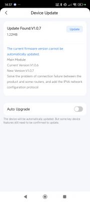Device update screen with firmware version 1.0.7 information.