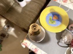 Zbliżenie na zawór butli CO2 stojącej na stole obok żółtego talerza z tulipanem