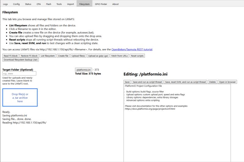 Editing platformio.ini file in LittleFS filesystem web interface