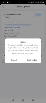 Device update screen showing available version V1.0.7.