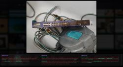 Dirty Ethernet switch with RJ45 ports in a bathtub, surrounded by tangled cables and a gray device part