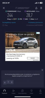 Wyniki testu prędkości Internetu LTE z siecią Play.