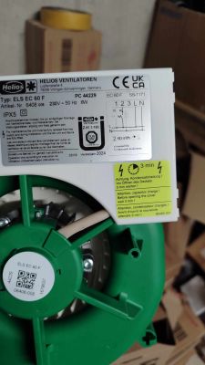 Helios ELS EC 60 F Fan with Connection Instructions Helios fan with nameplate and wiring diagram.