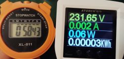 XL-011 stopwatch and ATORCH meter showing 0.06W power usage at 231.65V