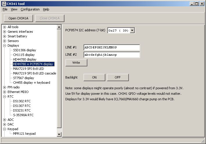 Screenshot of “CH341 tool” with “HD44780 + PCF8574 display” selected and text line input fields.