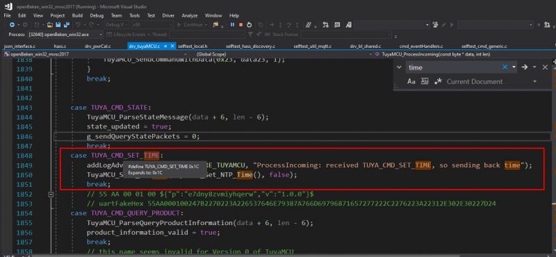Screenshot of source code in Microsoft Visual Studio related to setting time in TuyaMCU.