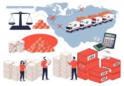 Mapa z ciężarówkami, kontenerami USA i blokowanymi trasami handlowymi