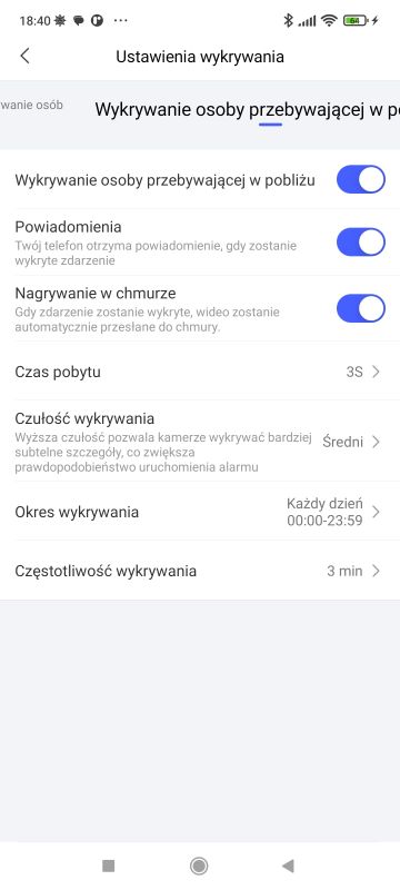 Ekran ustawień wykrywania osoby w aplikacji monitoringu w języku polskim