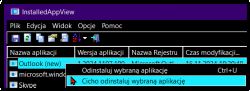 Zrzut ekranu programu InstalledAppView z opcjami dezinstalacji aplikacji.
