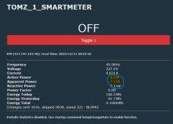 Screenshot of the TOMZ_1_SMARTMETER interface showing energy measurements with values of 0W active power and 7.1 VA apparent power.