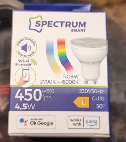 Spectrum Smart RGBW 4.5W LED Bulb Packaging Packaging of Spectrum Smart 4.5W RGBW LED bulb.