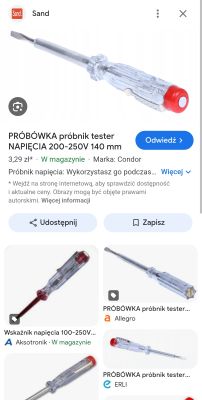 Próbnik napięcia typu śrubokręt z przezroczystą rączką, czerwonym końcem i metalowym grotem.