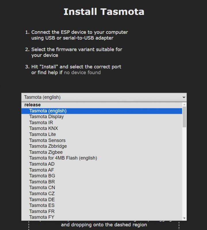 Tasmota installation options with a dropdown language selection menu.