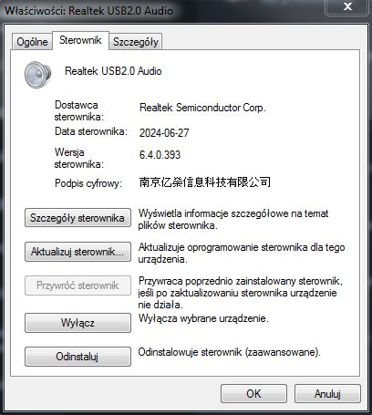 Okno właściwości sterownika Realtek USB2.0 Audio z podpisem cyfrowym