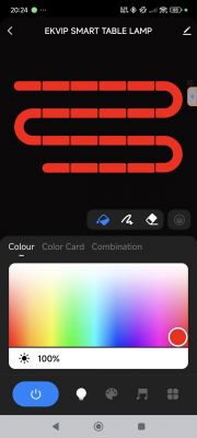 Mobile app controlling Ekvip smart lamp with red color selected.