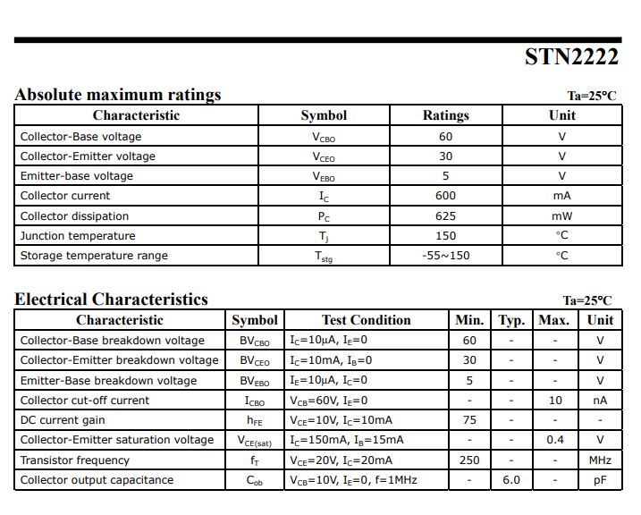 STN2222 Transistor Specification Table of maximum and electrical characteristics of the STN2222 transistor.