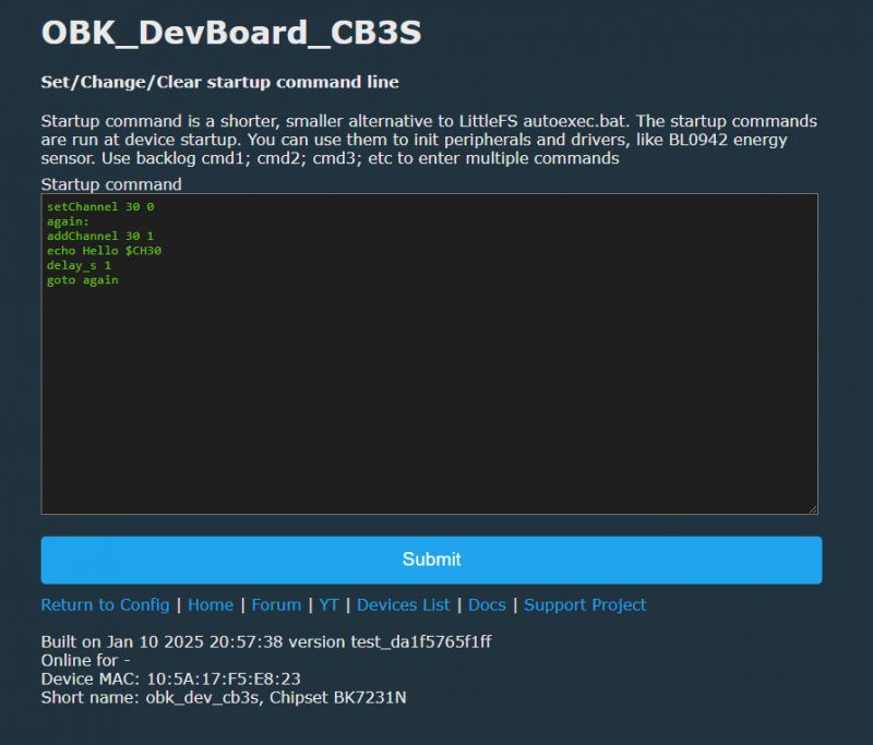 Screenshot of the OBK_DevBoard_CB3S configuration panel with startup commands.