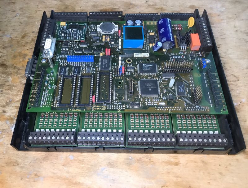 Interior of the old Saia PCD2.M120 automation controller with expansion modules