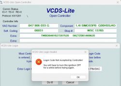 Zrzut ekranu z oprogramowania VCDS-Lite z komunikatem o nieprawidłowym loginie.