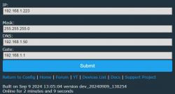 Screenshot of a network configuration interface with fields for IP, Mask, DNS, and Gate, and a Submit button.