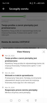 Zrzut ekranu z aplikacji Aliexpress pokazujący szczegóły procesu zwrotu pieniędzy