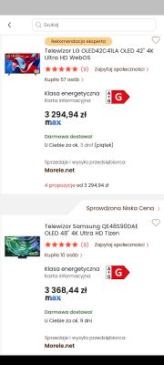 Porównanie telewizorów LG OLED42C41LA 42 i Samsung QE48S90DAE 48 z ocenami i cenami