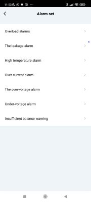 Alarm Settings Screen in Tuya App App screen with alarm settings for Tuya energy meter.