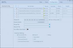 BKFIL software screenshot with BIN file download configuration.