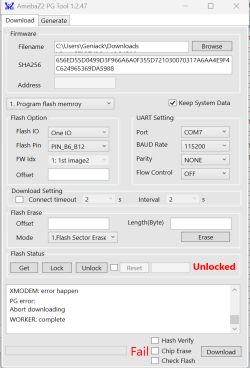 AmebaZ2 PG Tool interface showing firmware download error and failure
