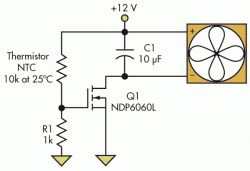 Schemat układu z termistorem NTC i tranzystorem MOSFET.