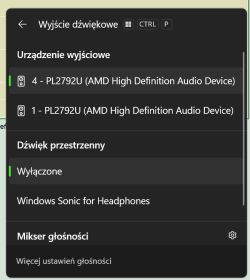 Lista wyjść dźwiękowych w systemie Windows pokazuje dwa urządzenia AMD przez HDMI