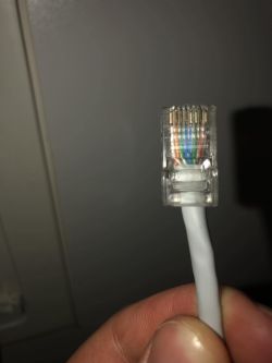 Złącze RJ45 z kolorowymi przewodami.
