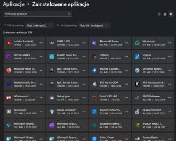 Zrzut ekranu Win11 „Zainstalowane aplikacje”, lista programów na dysku C posortowana malejąco wg rozmiaru