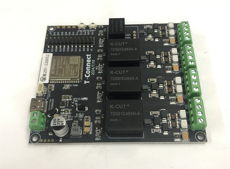 LilyGO T-Connect board with ESP32 module, three RS485 modules, and green screw terminal blocks