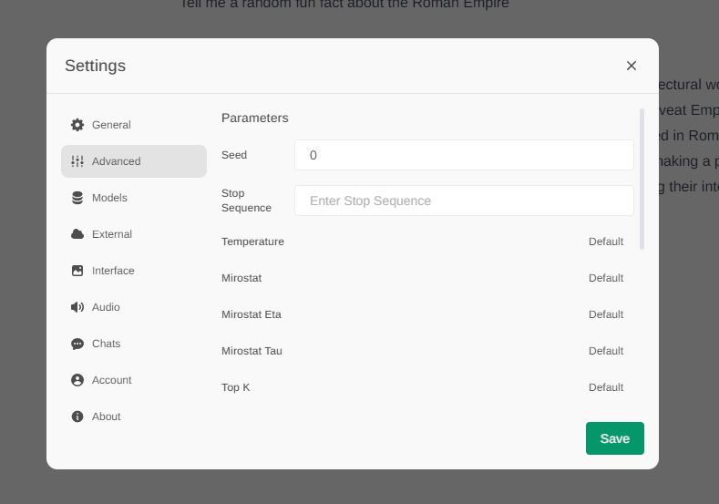 Advanced Settings of Open WebUI Screenshot showing advanced settings of Open WebUI