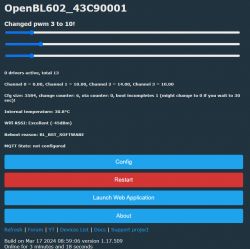 Screenshot of the OpenBL602_43C90001 interface with PWM slider and Wi-Fi information.