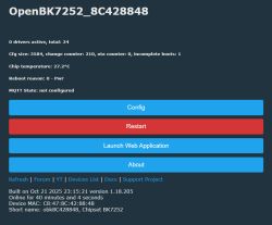 OpenBK7252 control panel showing device status and configuration buttons
