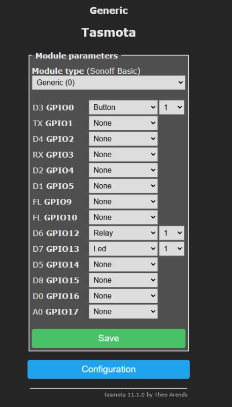 Tasmota “Module parameters” screen mapping GPIO: Button on GPIO0, Relay on GPIO12, LED on GPIO13