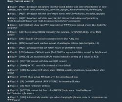 List of configuration flags for LED parameters with settings related to MQTT, LED, PWM, and others.