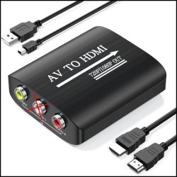 Czarny konwerter AV do HDMI z trzema gniazdami RCA i kablami USB oraz HDMI